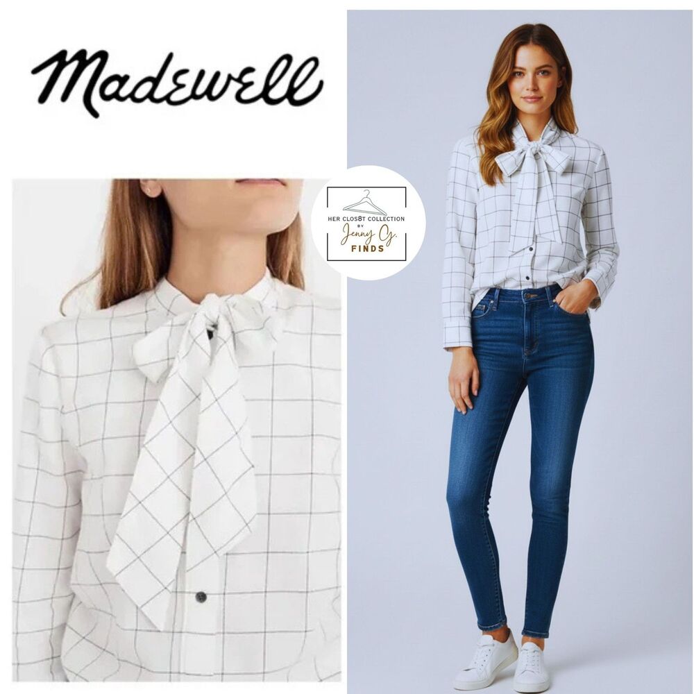 Madewell Windowpane Flannel Tie-Neck 100% Cotton White Blouse Small